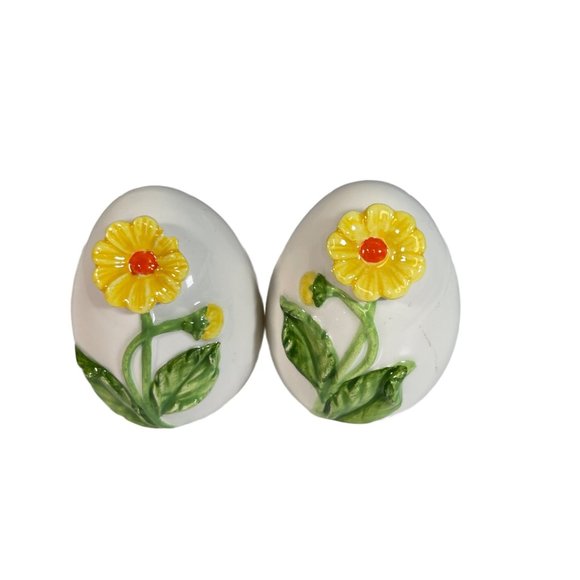 unmarked Other - Vintage Yellow Floral Design Egg Shaped Salt and Pepper Shaker Set Handpainted